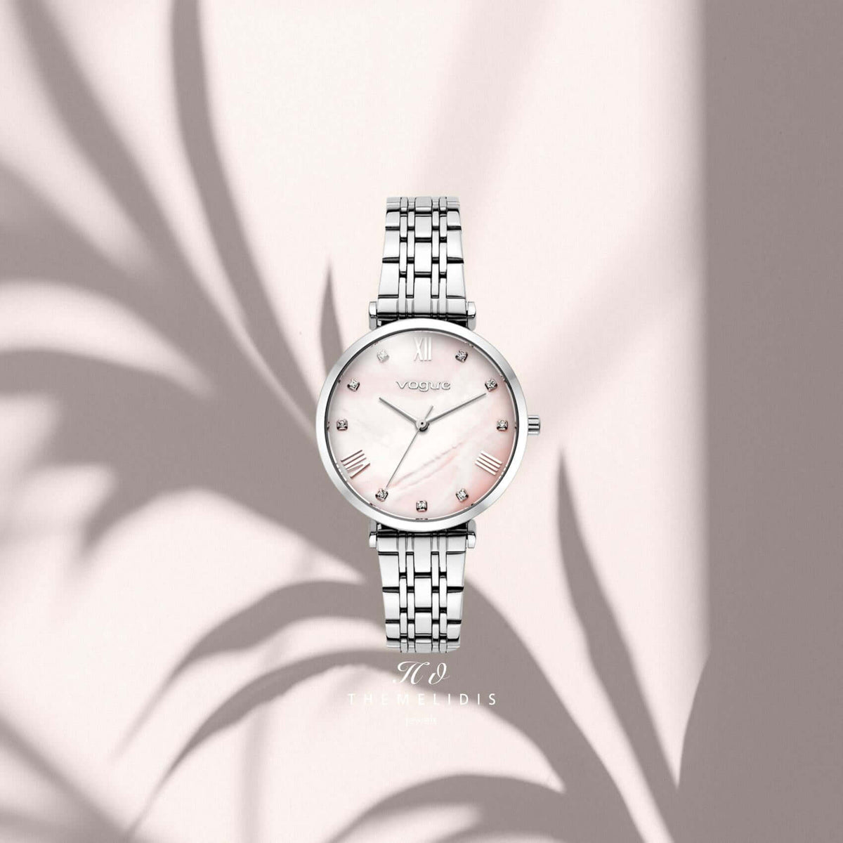 Vogue 2020617083 γυναικείο ρολόι Bliss Mini με ασημί μπρασελέ, ροζ φίλντισι καντράν 27mm, ζιργκόν και ασημί δείκτες.