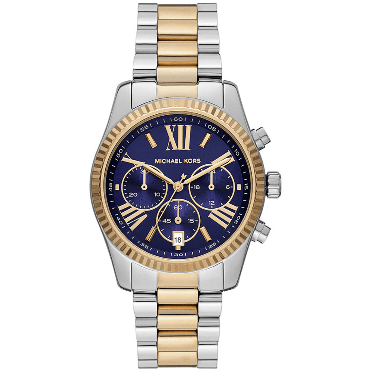 Ρολόι Michael Kors MK7218 με ασημένιο και χρυσό μπρασελέ από ανοξείδωτο ατσάλι και μπλε καντράν. Αδιάβροχο 10 ατμόσφαιρες.