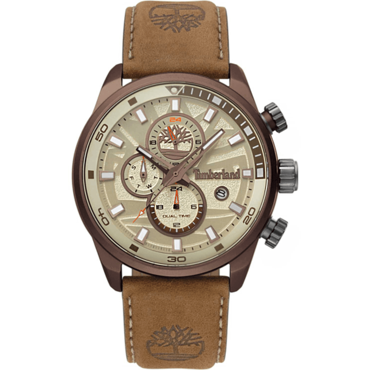 Ανδρικό ρολόι Timberland Henniker II TBL14816JLBN07 dual time με καφέ δερμάτινο λουράκι και μπεζ καντράν διαμέτρου 46mm.